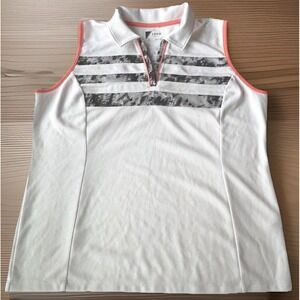 IZOD Golf Womens Sleeveless Polo XL White Orange Striped Sporty Golfcore Wicking